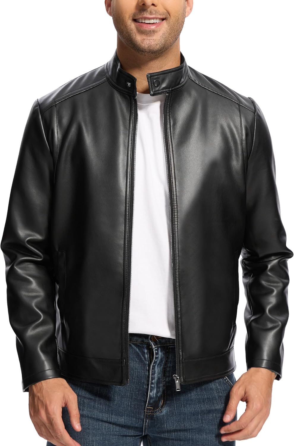 leather jacket men lightweight motorcycle jackets mens stand collar bomber coat with pockets and zip